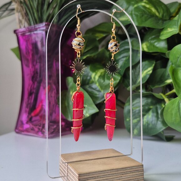 Wire Wrapped Red Vein Agate / Dalmatian Jasper Earrings - Picture 4 of 5